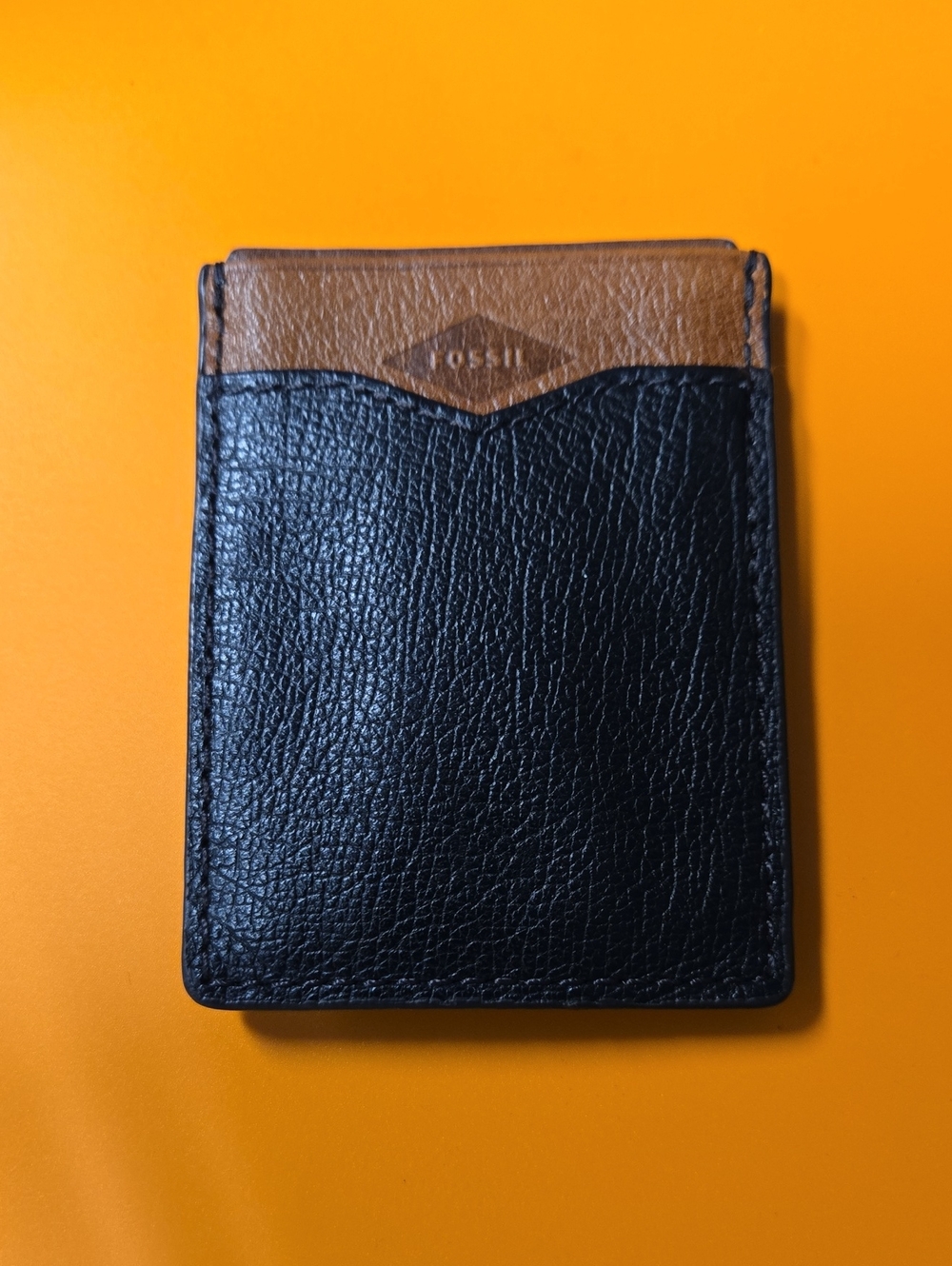 Fossil Black & Brown Leather Card Sleeve/Money Clip 3"x4" EUC